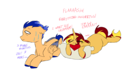 Size: 1024x601 | Tagged: safe, artist:doodletheexpoodle, flash sentry, sunset shimmer, pegasus, pony, unicorn, g4, colored hooves, complaining, dialogue, ear fluff, female, male, open mouth, pillow, pregnancy cravings, pregnant, profile, prone, ship:flashimmer, shipping, straight, sweat