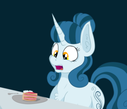 Size: 3109x2674 | Tagged: safe, artist:paskanaakka, derpibooru exclusive, oc, oc only, oc:cerulean swirls, pony, unicorn, cake, chest fluff, ear fluff, female, food, high res, mare, open mouth, simple background, solo, table