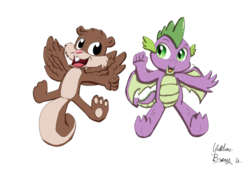 Size: 3750x2550 | Tagged: safe, artist:chiptunebrony, spike, dragon, squirrel, g4, animaniacs, crossover, cursive writing, cute, flying, high res, open mouth, signature, skippy squirrel, smiling, thumbs up, winged spike, winged squirrel, wings