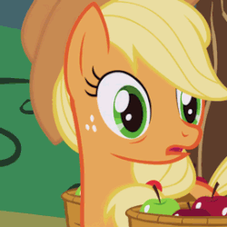 Size: 270x270 | Tagged: safe, screencap, applejack, earth pony, pony, applebuck season, g4, season 1, animated, annoyed, apple, basket, cropped, exhausted, female, floppy ears, food, mare, reaction image, solo, tired