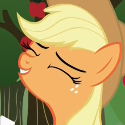 Size: 281x281 | Tagged: safe, screencap, applejack, earth pony, pony, g4, apple tree, applejack's hat, cowboy hat, cropped, episode needed, eyes closed, female, freckles, grin, hat, mare, smiling, solo, tree