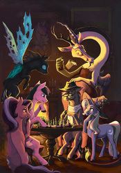 Size: 1400x2000 | Tagged: safe, artist:28gooddays, discord, starlight glimmer, thorax, trixie, oc, changeling, draconequus, pony, unicorn, g4, candle, chair, chess, clothes, colored hooves, couch, eating, female, fireplace, flying, food, hat, levitation, magic, male, mare, painting, popcorn, scarf, sitting, table, telekinesis