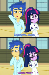 Size: 2000x3074 | Tagged: safe, artist:ro994, flash sentry, sci-twi, twilight sparkle, equestria girls, g4, twilight sparkle's science fair sparks, 2 panel comic, blushing, clothes, comic, female, flirting, geode of telekinesis, glasses, high res, lab coat, magical geodes, male, ship:flashlight, ship:sci-flash, shipping, straight