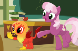 Size: 3529x2306 | Tagged: safe, artist:porygon2z, cheerilee, oc, oc:heatwave, earth pony, griffon, pony, g4, apple, book, chalkboard, chickub, duo, female, food, griffon oc, high res, male, mare, ponyville schoolhouse