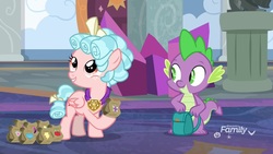 Size: 1920x1080 | Tagged: safe, screencap, cozy glow, spike, dragon, pony, g4, school raze, cozybetes, cute, discovery family logo, duo, female, filly, foal, lunch bag, male, paper bag, spikabetes, winged spike, wings