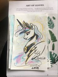 Size: 721x960 | Tagged: safe, artist:oofycolorful, princess celestia, alicorn, pony, g4, colored pencil drawing, cutie mark background, female, jewelry, mare, marker drawing, photo, profile, regalia, solo, traditional art