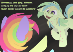 Size: 1400x1000 | Tagged: safe, artist:scarletverse, artist:taaffeiite, oc, oc only, oc:aurora borealis, oc:lemongrass, pegasus, pony, unicorn, comic:once upon a time, broken horn, colored wings, dialogue, duo, female, horn, mare, scarletverse, simple background