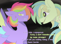 Size: 1400x1000 | Tagged: safe, artist:scarletverse, artist:taaffeiite, oc, oc only, oc:aurora borealis, oc:lemongrass, pegasus, pony, unicorn, comic:once upon a time, broken horn, colored wings, cross-popping veins, dialogue, duo, female, horn, mare, rainbow hair, scarletverse, simple background
