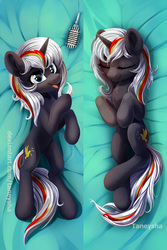 Size: 3780x5670 | Tagged: safe, artist:taneysha, oc, oc only, oc:velvet remedy, pony, unicorn, fallout equestria, body pillow, body pillow design, cutie mark, eyes closed, fanfic, fanfic art, female, hooves, horn, lying down, mare, microphone, open mouth, sleeping, smiling, solo