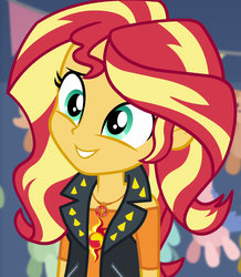 Size: 941x1080 | Tagged: safe, screencap, sunset shimmer, equestria girls, equestria girls series, g4, rollercoaster of friendship, cropped, cute, female, geode of empathy, head tilt, jewelry, magical geodes, necklace, shimmerbetes, smiling, solo, when she smiles