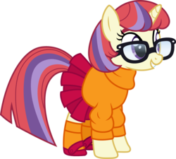 Size: 1200x1078 | Tagged: safe, artist:cloudy glow, moondancer, pony, unicorn, g4, clothes, cosplay, costume, cute, dancerbetes, female, glasses, mare, mary janes, pleated skirt, scooby-doo!, shoes, simple background, skirt, smiling, socks, solo, standing, sweater, transparent background, vector, velma dinkley