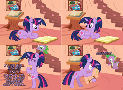 Size: 1602x1180 | Tagged: safe, artist:nightmaremoons, rainbow dash, spike, twilight sparkle, pony, ask pun, g4, alternate hairstyle, ask, baby got back, bed, bipedal, book, caught, clothes, comic, golden oaks library, implied lesbian, implied shipping, implied twidash, prone, rainbow socks, show accurate, sir mix-a-lot, socks, song reference, striped socks