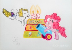Size: 1358x942 | Tagged: safe, artist:count oxymagomedov sear, derpibooru exclusive, applejack, pinkie pie, rainbow dash, rarity, surprise, twilight sparkle, earth pony, pegasus, pony, g1, g4, 35th anniversary, bow, cake, candle, confetti, cutie mark, food, g1 to g4, generation leap, generational ponidox, party cannon, smiling, tail bow, traditional art