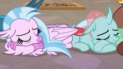 Size: 463x262 | Tagged: safe, screencap, gallus, ocellus, silverstream, yona, changedling, changeling, classical hippogriff, hippogriff, g4, what lies beneath, bad quality, cropped, cute, diaocelles, diastreamies, duo focus, eyes closed, female, implied gallus, implied yona, lowres, offscreen character, pixelated, sleeping, smiling, wings