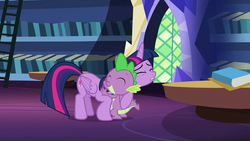 Size: 1280x720 | Tagged: safe, screencap, spike, twilight sparkle, alicorn, dragon, pony, father knows beast, g4, book, bookshelf, hug, ladder, twilight sparkle (alicorn), twilight's castle, winged spike, wings