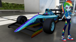 Size: 1439x809 | Tagged: safe, artist:forzaveteranenigma, rainbow dash, fanfic:equestria motorsports, equestria girls, g4, my little pony equestria girls: better together, car, converse, female, ferrari, formula 1, forza motorsport 6, geode of super speed, looking at you, magical geodes, racecar, shoes, sneakers, solo
