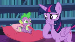 Size: 1280x720 | Tagged: safe, screencap, spike, twilight sparkle, alicorn, dragon, pony, father knows beast, g4, amused, baby, baby dragon, bookshelf, cute, cutie mark, fangs, feet, female, folded wings, green eyes, hoof over mouth, male, mare, pillow, purple eyes, spikabetes, toes, twiabetes, twilight sparkle (alicorn), underfoot, winged spike, wings