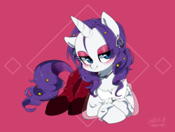 Size: 1720x1300 | Tagged: safe, artist:potetecyu_to, rarity, pony, unicorn, g4, alternate hairstyle, clothes, dress, ear piercing, earring, eyeshadow, female, jewelry, looking at you, makeup, piercing, smiling, solo