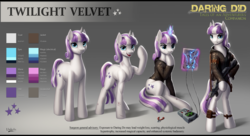 Size: 4057x2212 | Tagged: safe, artist:l1nkoln, twilight velvet, pony, unicorn, fanfic:spectrum of lightning, series:daring did tales of an adventurer's companion, g4, badass, bipedal, breadboard, chubby, clothes, electricity, fanfic art, female, fit, gun, hood, implied daring do, jacket, leather jacket, magic, mare, muscles, muscular female, oscilloscope, plump, reference sheet, rifle, scar, solo, toned, weapon, weight loss