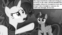 Size: 800x450 | Tagged: safe, edit, edited screencap, editor:korora, screencap, rarity, twilight sparkle, alicorn, pony, g4, rarity investigates, school raze, grayscale, implied cozy glow, implied lord tirek, implied starlight glimmer, monochrome, narration, tartarus, text, text box, twilight sparkle (alicorn)