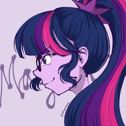 Size: 1000x1000 | Tagged: safe, artist:3eyesmoon, sci-twi, twilight sparkle, equestria girls, g4, bust, female, glasses, head only, pixiv, ponytail, portrait, profile, purple background, simple background, solo