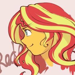 Size: 1000x1000 | Tagged: safe, artist:3eyesmoon, sunset shimmer, equestria girls, g4, bust, female, head only, pink background, pixiv, portrait, profile, simple background, solo