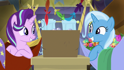 Size: 1280x720 | Tagged: safe, screencap, starlight glimmer, trixie, g4, road to friendship, hammock, shipping fuel, smiling, wagon