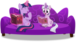 Size: 3000x1663 | Tagged: safe, artist:jp, derpibooru exclusive, twilight, twilight sparkle, alicorn, pony, unicorn, g1, g4, 35th anniversary, ^^, book, bow, couch, duo, duo female, eyes closed, female, g1 to g4, generation leap, generational ponidox, horsehead nebula, magic, mare, open mouth, simple background, sitting, tail bow, transparent background, twilight sparkle (alicorn), vector