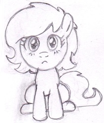 Size: 755x895 | Tagged: safe, artist:lockhe4rt, oc, oc only, oc:filly anon, earth pony, pony, female, filly, looking at you, monochrome, pencil drawing, sitting, solo, traditional art