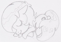 Size: 881x602 | Tagged: safe, artist:lockhe4rt, oc, oc only, oc:filly anon, earth pony, pony, eyes closed, female, filly, monochrome, pencil drawing, sleeping, smiling, solo, traditional art