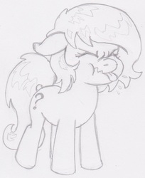 Size: 929x1139 | Tagged: safe, artist:lockhe4rt, oc, oc only, oc:filly anon, earth pony, pony, eyes closed, female, filly, monochrome, naughty, pencil drawing, raspberry noise, scrunchy face, solo, tongue out, traditional art