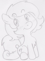 Size: 844x1160 | Tagged: safe, artist:lockhe4rt, oc, oc only, oc:filly anon, earth pony, pony, female, filly, looking at you, monochrome, pencil drawing, smiling, solo, traditional art