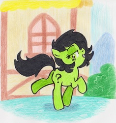 Size: 1791x1900 | Tagged: safe, artist:lockhe4rt, oc, oc only, oc:filly anon, earth pony, pony, crayon drawing, female, filly, house, side view, smiling, smug, solo, traditional art