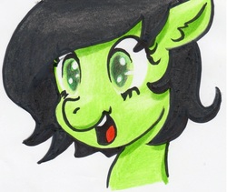 Size: 1596x1350 | Tagged: safe, artist:lockhe4rt, oc, oc only, oc:filly anon, pony, bust, crayon drawing, female, filly, open mouth, simple background, smiling, solo, traditional art