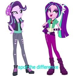 Size: 1517x1517 | Tagged: safe, artist:famousmari5, artist:kimberlythehedgie, editor:axal-5, aria blaze, starlight glimmer, equestria girls, equestria girls specials, g4, my little pony equestria girls: mirror magic, my little pony equestria girls: rainbow rocks, beanie, boots, clothes, comparison, duo, full body, gem, hat, high heel boots, pants, pigtails, ripped pants, shoes, simple background, siren gem, spot the difference, twintails, vest, white background
