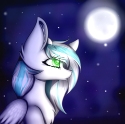 Size: 3321x3307 | Tagged: safe, artist:mimihappy99, oc, oc only, oc:meridia, pegasus, pony, female, heart eyes, high res, mare, moon, night, present, solo, stars, wingding eyes