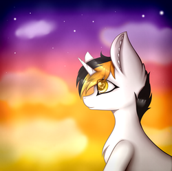 Size: 3321x3307 | Tagged: safe, artist:mimihappy99, oc, oc only, oc:heyzone, pony, unicorn, heart eyes, high res, male, present, solo, sunset, wingding eyes