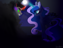 Size: 1600x1219 | Tagged: safe, artist:leviostars, king sombra, princess luna, alicorn, pony, umbrum, g4, coat markings, dappled, eyebrows, female, looking at each other, magic, male, missing accessory, moon, ship:lumbra, shipping, sombra eyes, straight