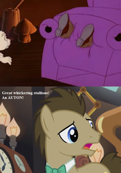 Size: 567x810 | Tagged: safe, edit, edited screencap, editor:korora, screencap, doctor whooves, habbit, moochick, time turner, g1, g4, my little pony 'n friends, slice of life (episode), the quest of the princess ponies, bowtie, chair, cropped, dialogue, doctor who, g1 to g4, generation leap, terror of the autons, the doctor, vore