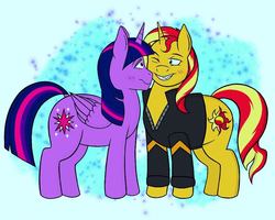 Size: 962x768 | Tagged: safe, artist:chiisski, sunset shimmer, twilight sparkle, alicorn, pony, unicorn, g4, blushing, clothes, equestria girls ponified, female, grin, jacket, lesbian, one eye closed, ponified, ship:sunsetsparkle, shipping, smiling, twilight sparkle (alicorn), wink