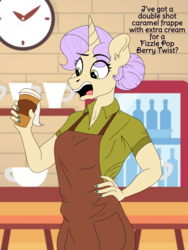 Size: 1536x2048 | Tagged: safe, artist:pastel-charms, oc, oc only, oc:sonata glazed, unicorn, anthro, coffee cup, cup, female, implied tempest shadow, mare, offspring, parent:donut joe, parent:rarity, parents:rarijoe, solo