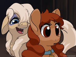 Size: 2000x1500 | Tagged: safe, artist:lockhe4rt, earth pony, pony, collar, disney, duo, duo female, female, lady, lady (lady and the tramp), lady and the tramp, mare, open mouth, peg (lady and the tramp), ponified, scene interpretation, smiling