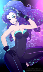 Size: 552x920 | Tagged: safe, artist:draltruist, rarity, equestria girls, equestria girls series, g4, the other side, beautiful, belly button, breasts, busty rarity, cleavage, clothes, dress, eyeshadow, fabulous, female, gloves, hand on hip, headphones, lidded eyes, lipstick, looking down, makeup, smiling, solo, stupid sexy rarity