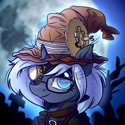 Size: 1280x1280 | Tagged: safe, artist:witchtaunter, oc, oc only, oc:yaasho, pony, unicorn, clothes, female, full moon, glasses, hat, mare, moon, smiling, solo, witch hat