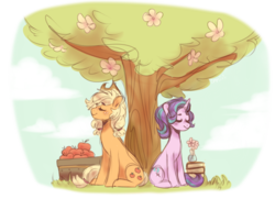 Size: 918x666 | Tagged: safe, artist:pandemiamichi, applejack, starlight glimmer, earth pony, pony, unicorn, g4, apple, book, duo, duo female, eyes closed, female, flower, food, mare, simple background, sitting, smiling, transparent background, tree, under the tree