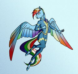 Size: 2370x2244 | Tagged: safe, artist:akweer, rainbow dash, anthro, unguligrade anthro, g4, blue background, clothes, colored wings, female, flying, high res, multicolored wings, rainbow wings, simple background, solo, spread wings, uniform, wings, wonderbolts uniform