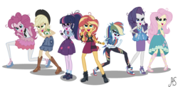 Size: 3201x1569 | Tagged: safe, artist:hk-bases, artist:sparkling-sunset-s08, mean applejack, mean fluttershy, mean pinkie pie, mean rainbow dash, mean rarity, mean twilight sparkle, sci-twi, sunset shimmer, equestria girls, equestria girls series, the mean 6, bandana, base used, boots, bracelet, clone, clone six, clothes, converse, cowboy hat, denim skirt, dress, equestria girls-ified, feet, female, freckles, glasses, hat, headband, high heel boots, high heels, jacket, jewelry, leather jacket, leggings, mean sci-twi, mean sunset shimmer, messy mane, open mouth, pantyhose, sandals, shoes, simple background, skirt, sneakers, socks, stetson, transparent background, vector