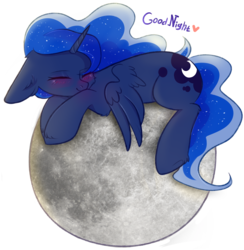 Size: 2820x2895 | Tagged: safe, artist:pesty_skillengton, princess luna, alicorn, pony, g4, blushing, cute, eyes closed, female, floppy ears, full moon, good night, goodnight, heart, high res, lunabetes, mare, moon, simple background, sleeping, sleeping on moon, smiling, solo, spread wings, tangible heavenly object, white background, wings, wings down