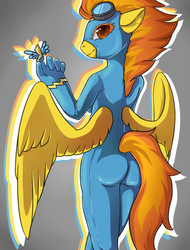 Size: 948x1250 | Tagged: safe, artist:himberreh, spitfire, pegasus, anthro, g4, clothes, female, goggles, implied wing hole, looking back, mare, rear view, solo, tail, tail hole, uniform, wonderbolts uniform