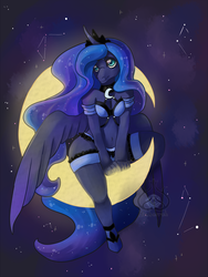 Size: 675x900 | Tagged: safe, artist:himberreh, princess luna, anthro, unguligrade anthro, g4, belly button, breasts, busty princess luna, female, midriff, moon, night, solo, stars, tangible heavenly object, thunder thighs, watermark, wide hips